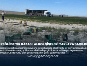 EREĞLİ’DE TIR KAZASI: ALKOL ŞİŞELERİ TARLAYA SAÇILDI