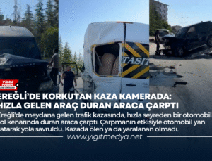 EREĞLİ’DE KORKUTAN KAZA KAMERADA: HIZLA GELEN ARAÇ DURAN ARACA ÇARPTI